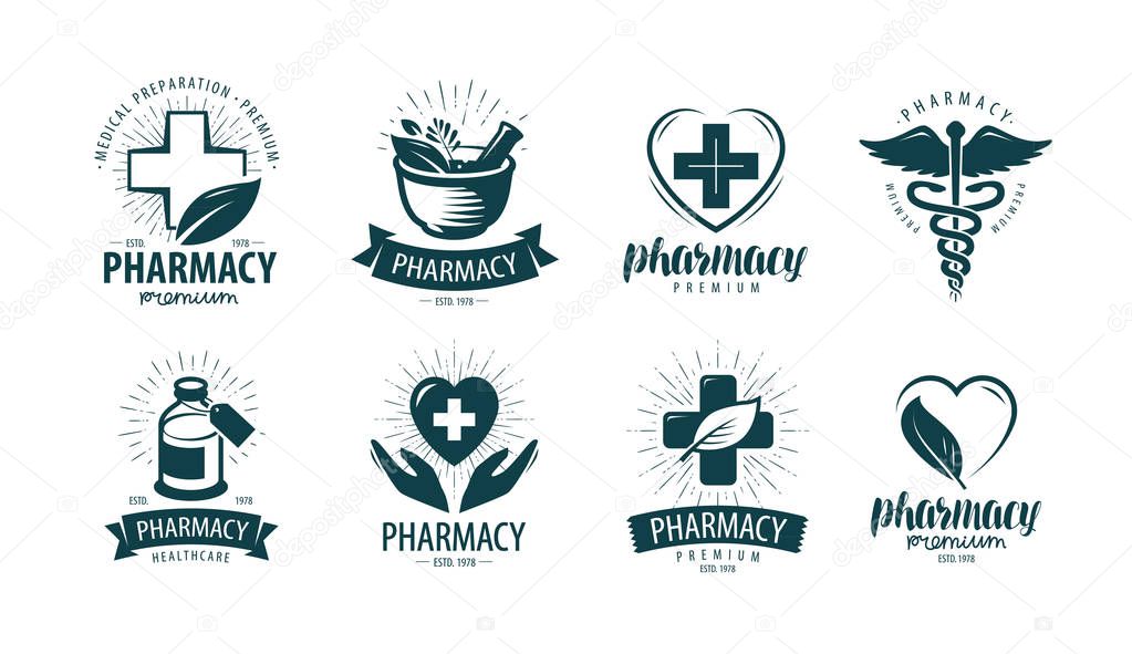 Pharmacy, drugstore logo or label. medicine, medication symbol vector