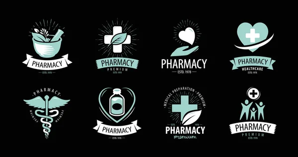 Farmácia, logótipo ou rótulo da farmácia. Medicina, símbolo de saúde. Conceito de vetor —  Vetores de Stock