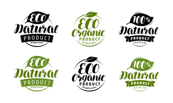 Etiqueta ecológica o logotipo. Conjunto de insignias de productos naturales y orgánicos saludables. Ilustración vectorial — Archivo Imágenes Vectoriales