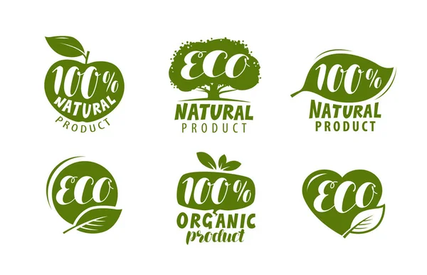 Miljömärke Eller Logotyp Uppsättning Hälsosamma Naturliga Ekologiska Produkt Märken Vektorillustration — Stock vektor
