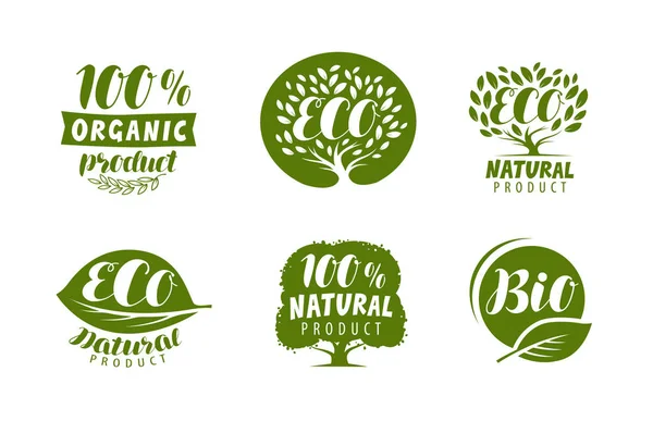 Bio, logotipo ou rótulo ecológico. Produto orgânico natural, conjunto de emblemas vetoriais — Vetor de Stock