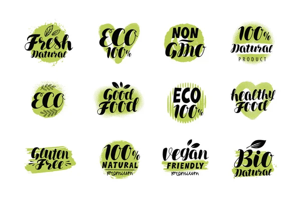 Logo o etiqueta natural y orgánica. Insignias Eco set. Vector de letras — Vector de stock