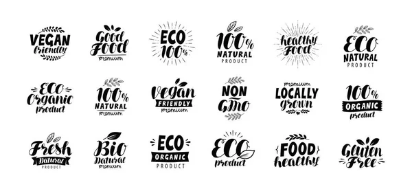 Logotipo ou rótulo orgânico natural. Eco, crachás de comida saudável. Vetor de letras — Vetor de Stock