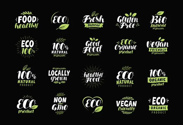 Etiqueta ecológica o logotipo. Conjunto de insignias de productos naturales y orgánicos saludables. Letras vectoriales — Vector de stock