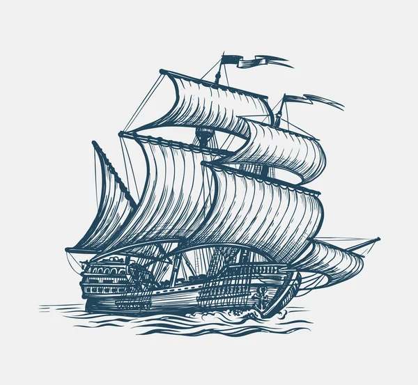 老式帆船。航海, 帆船概念。草图矢量插图 — 图库矢量图片