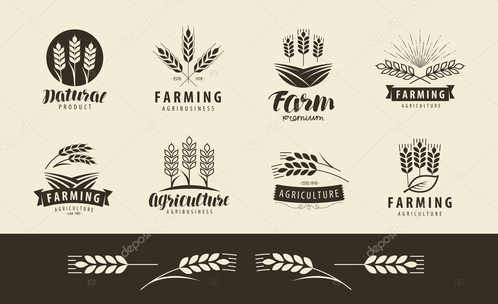 Agriculture, wheat logo or label. farm, farming set of icons. vector