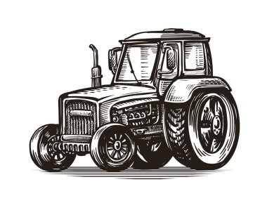 Traktör çiftlik, tarım, tarım, tarım konsepti Vintage vektör kroki