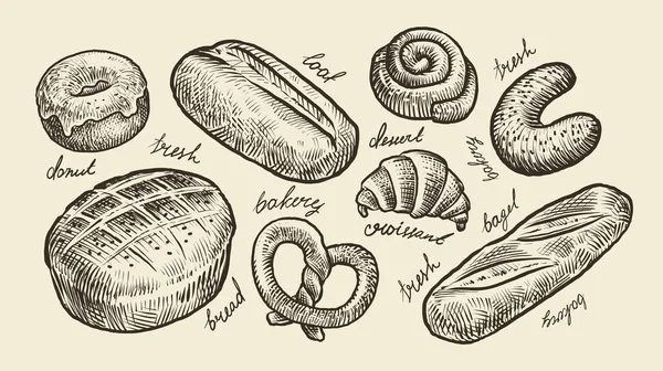 Brood, bakkerij schets. Vers gebak, voedsel, set warm gebakken goederen. Vintage vectorillustratie — Stockvector