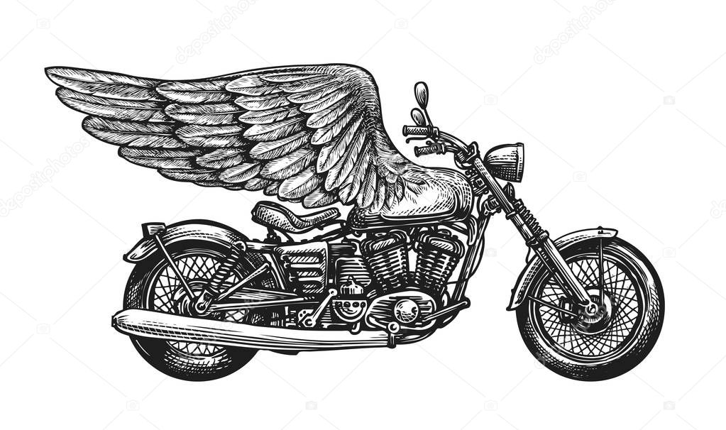 motorcycle and wings, sketch. vintage vector illustration isolated on white background