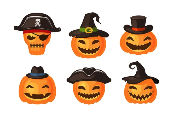 Lustige Kürbisse Hüten Halloween Symbol Cartoon Vektor Illustration Isoliert Auf — Stockvektor