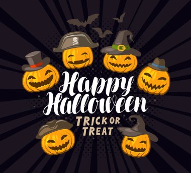 Cadılar Bayramı, afiş veya tebrik kartı. Tatil afiş. Çizgi film vektör çizim