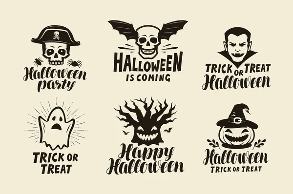 Halloween Set Labels Holiday Symbol Lettering Vector — Stock Vector