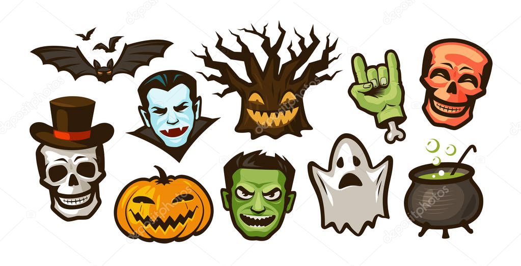 Halloween set of labels or icons. holiday symbol. cartoon vector illustration isolated on white background