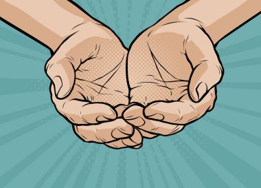 Götürdü eller, katlanmış silah. Pop art retro çizgi roman tarzı. Çizgi film