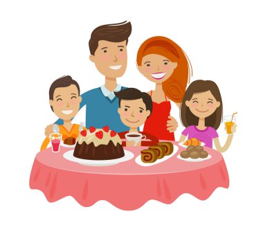 mutlu aile masada. kutlama, tableful kavramı. Beyaz arka plan üzerinde izole karikatür vektör çizim