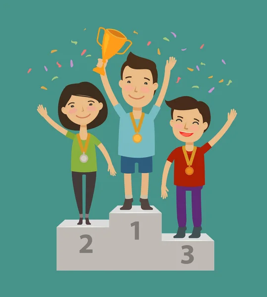Champion on the pedestal. Achievement, awarding ceremony concept. Cartoon vector illustration — Stock Vector
