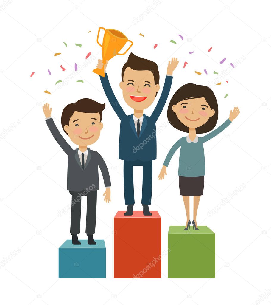 business people on the pedestal. success, achievement concept. cartoon vector illustration isolated on white background
