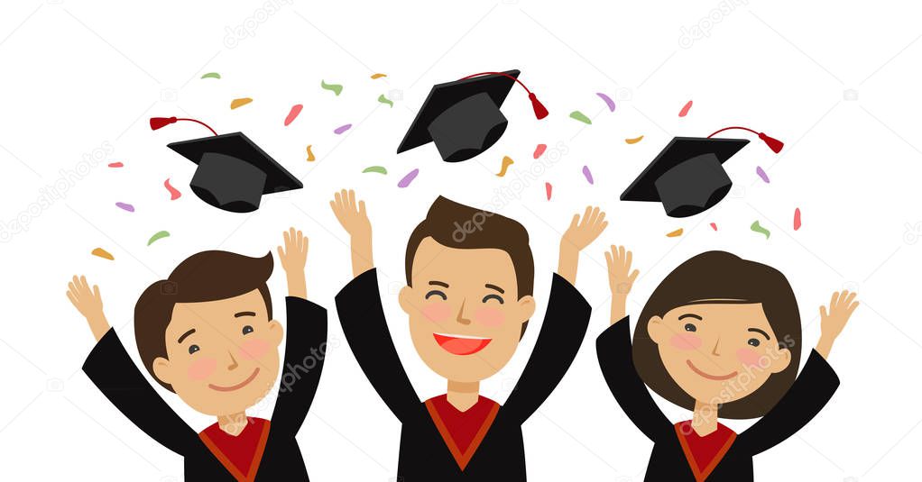 Happy graduating students throwing graduation caps. education, school, college concept. cartoon vector illustration