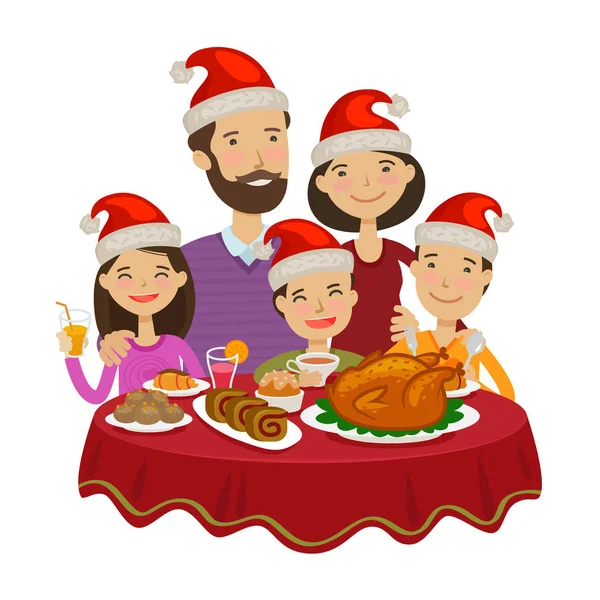 A família feliz celebra o Natal. Conceito de férias. Desenhos animados ilustração vetorial —  Vetores de Stock