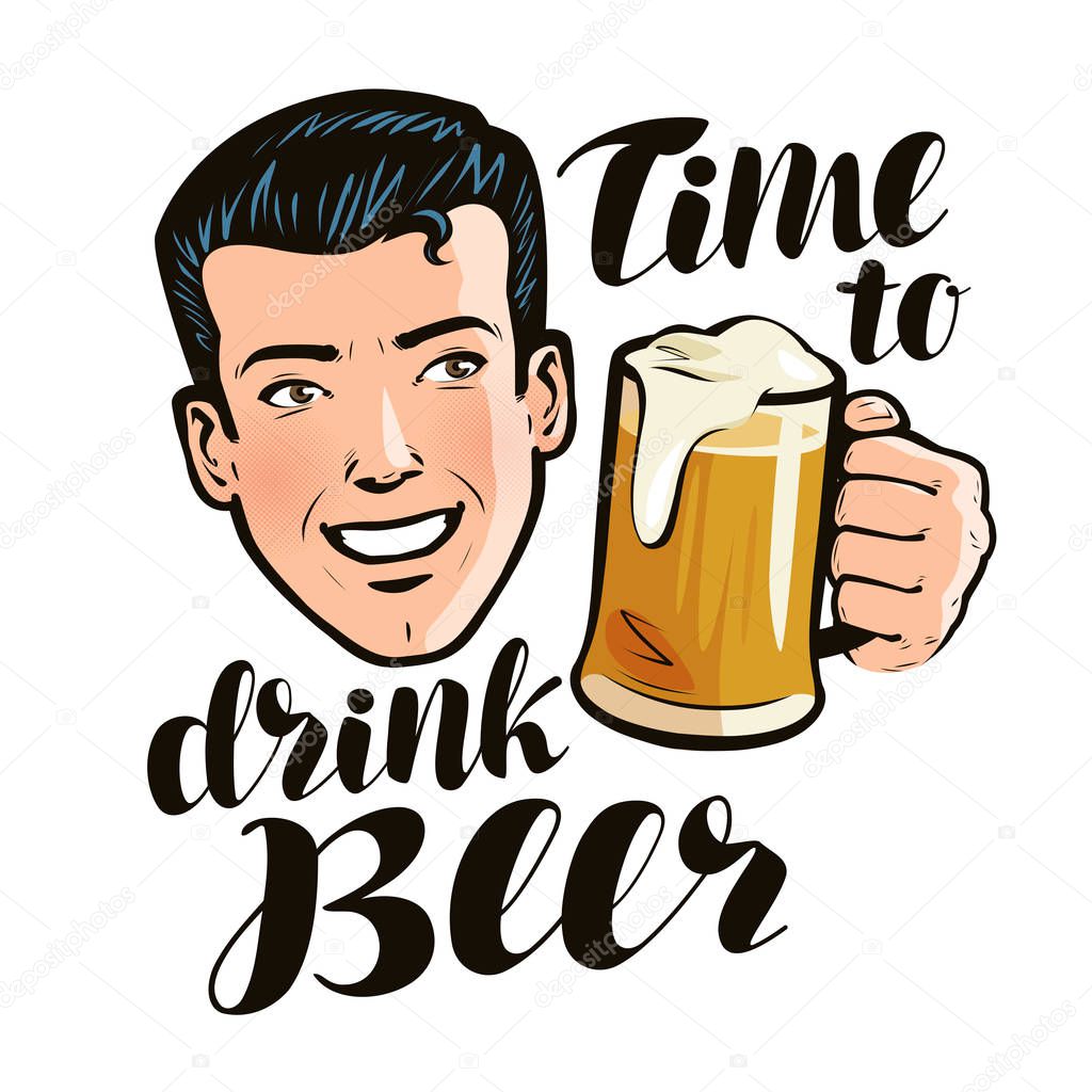 Time to drink beer, poster. Alcohol, pub concept. Pop art retro comic style. Cartoon vector illustration