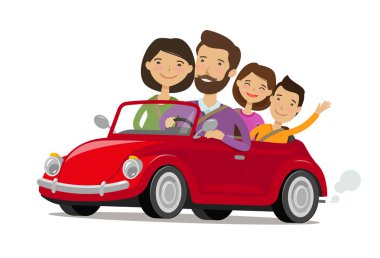 mutlu bir aile araba ile seyahat. yolculuk, seyahat kavramı. karikatür vektör