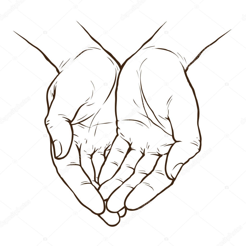 Cupped hands, folded arms sketch. Hand drawn vector illustration