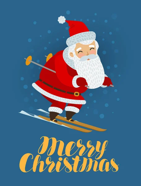 Feliz cartão de felicitações de Natal. O Pai Natal está a esquiar. Desenhos animados ilustração vetorial —  Vetores de Stock