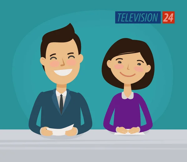 Televisión, concepto de televisión. Anunciador de noticias en el estudio. Dibujos animados vector ilustración — Archivo Imágenes Vectoriales