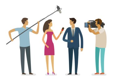 gazeteciler ile röportaj. video raporu, televizyon kavramı. karikatür vektör
