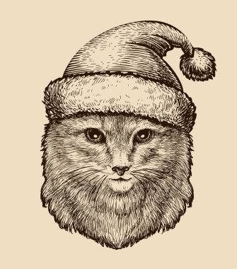 Noel şapka içinde şirin bir kabarık kedi portresi. Kroki vintage vektör çizim