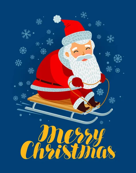 Merry Christmas wenskaart. Kerstman rijdt een slee. Cartoon vectorillustratie — Stockvector