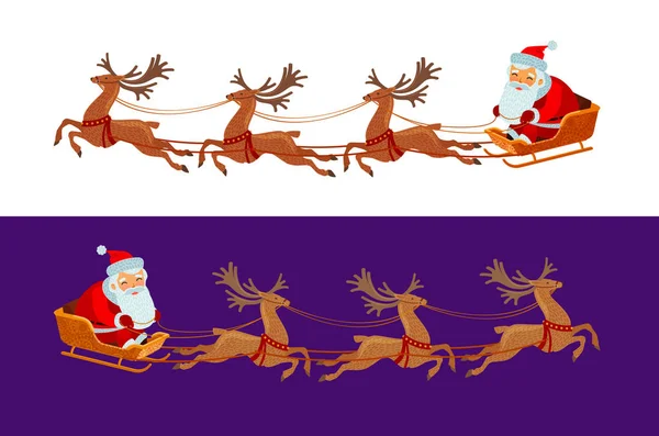 面白いサンタ クロースがそりに乗っています クリスマスのコンセプトです 漫画のベクトル — ストックベクタ