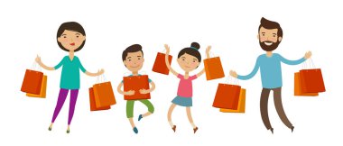 Paketleri ya da ellerinde çanta ile mutlu bir aile. Satılık, alışveriş. Komik karikatür vektör çizim