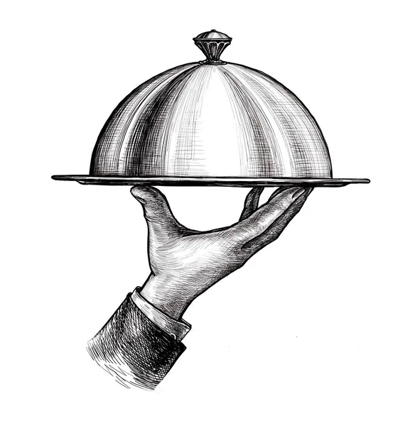Mano del camarero sosteniendo el plato de servicio de cloche. Bosquejo vintage aislado sobre fondo blanco — Foto de Stock