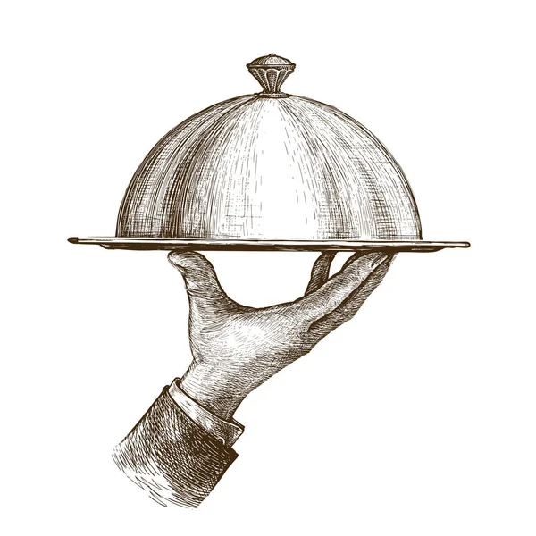 Kellnerhand Hält Cloche Servierteller Vintage Sketch Vektor — Stockvektor