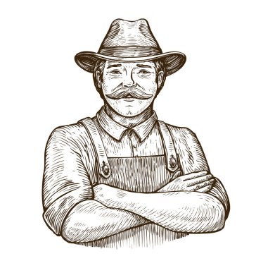mutlu çiftçi çizilmiş. Vintage sketch vektör çizim