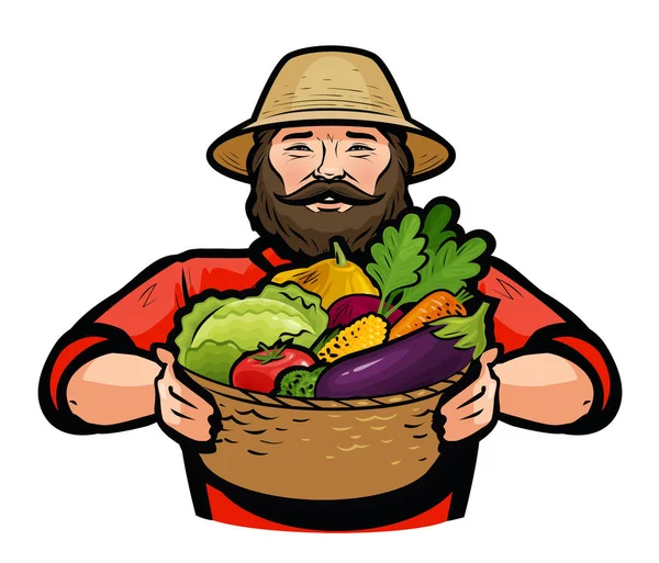 Contadino che tiene un cesto di vimini pieno di verdure fresche. Illustrazione vettoriale — Vettoriale Stock