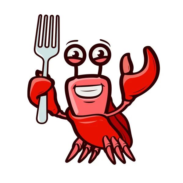 Funny Crab Holds Fork Seafood Cartoon Vector Illustration Isolated White — Stock Vector