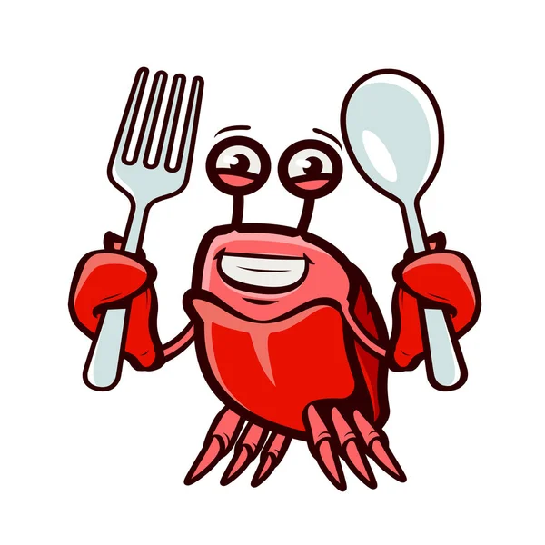 Krabbe hält Gabel und Löffel. Meeresfrüchte, Cartoon-Vektor-Illustration — Stockvektor