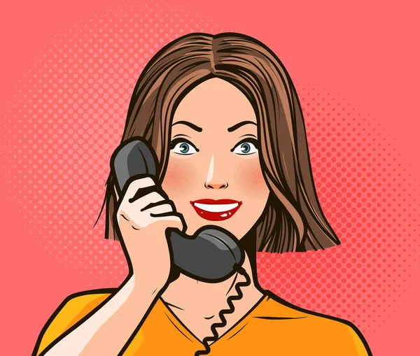 Šťastná Dívka Nebo Mladá Žena Mluví Telefonu Telefonický Rozhovor Pop — Stockový vektor