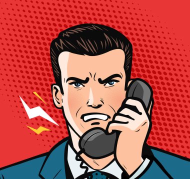 angry man talking on the phone. business concept. Pop art retro comic style clipart