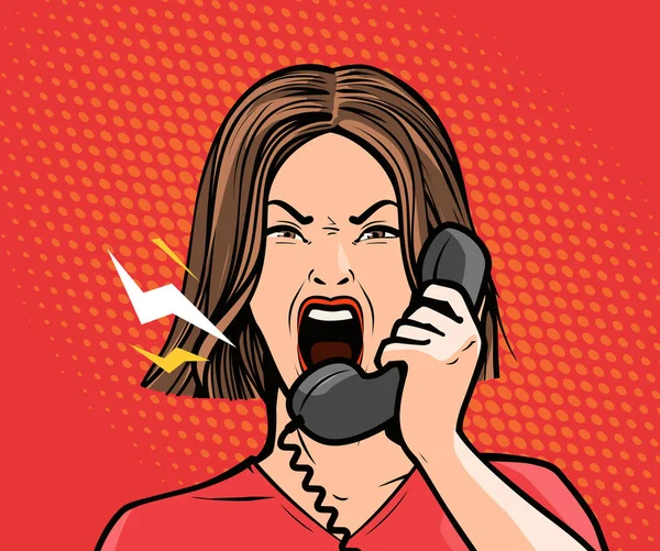 Chica enojada o mujer joven gritando al teléfono. Arte pop estilo cómic retro. Dibujos animados vector ilustración — Vector de stock