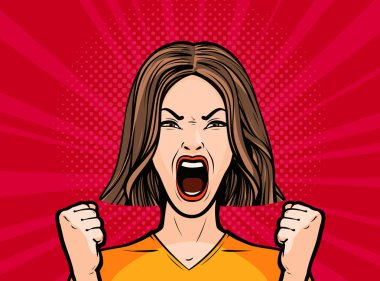 girl or young woman screaming out loud. Pop art retro comic style clipart
