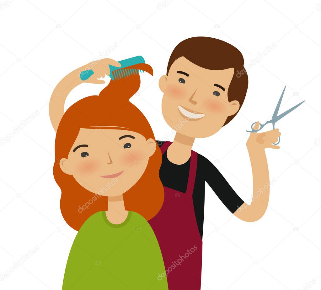 Hairstylist cutting hair. Women's haircut, beauty saloon, fashion concept. Funny cartoon vector illustration