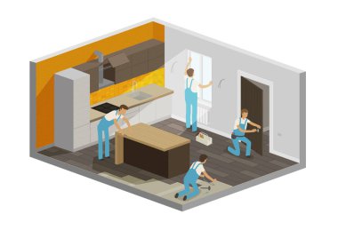 ev onarım, yenileme iç. takım, izometrik inşaatçılar insanların çalışma