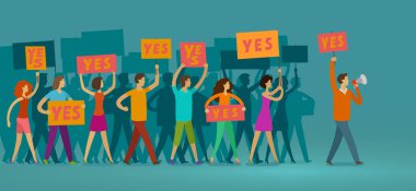 Crowd of people with banners walking on public manifestation. Demonstration, rights, parade vector illustration clipart