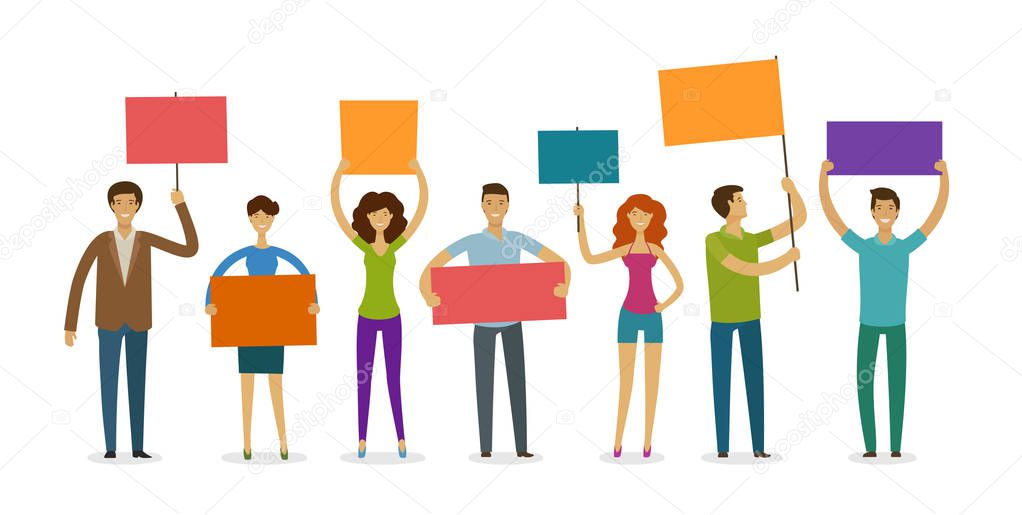 Crowd of people with banner, poster walking on public manifestation. Demonstration, rights, parade vector