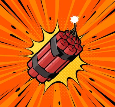 Dynamite bomb explosion with burning wick detonate. Retro pop art style. Cartoon comic vector illustration clipart