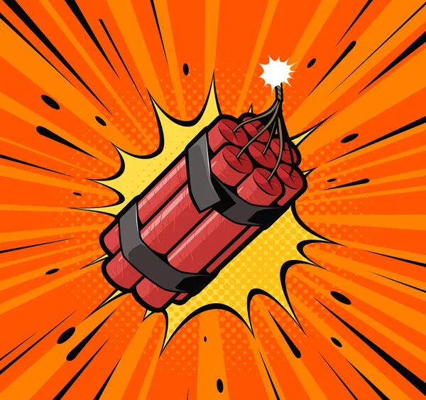 Explosión de bomba de dinamita con mecha en llamas detonar. Estilo de arte pop retro. Dibujos animados vector cómico ilustración — Vector de stock