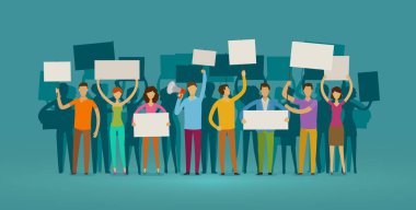 Crowd of people with placards on demonstration. Manifestation, protestation concept. Cartoon vector clipart